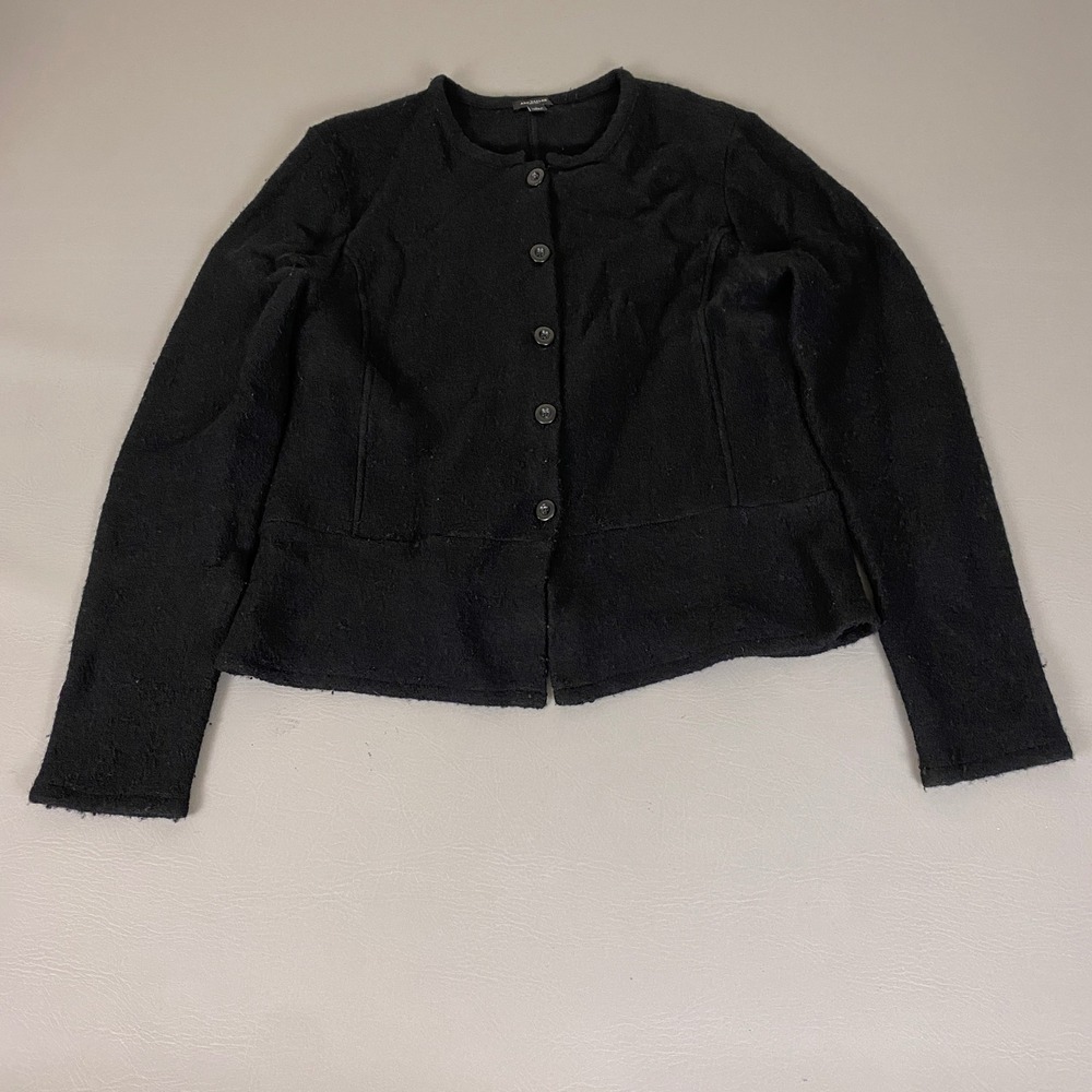 Ann Taylor Boiled Wool Cardigan Sweater Womens Size Large Black Peplum Button Up